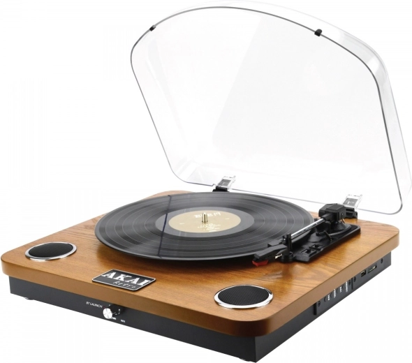 Retro puidust viimistlusega AKAI plaadimängija Bluetoothi, USB ja SD-ga