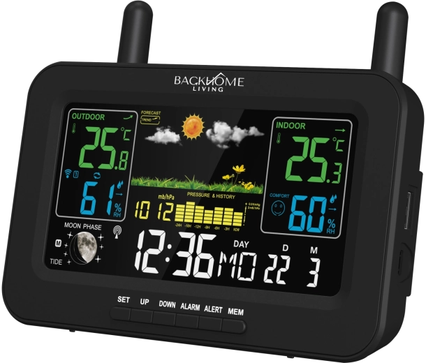BackHome Living multifunktsionaalne meteoroloogiajaam RCC, toide vooluvõrgust ja patareidelt, must, 16,5 × 4,5 × 13,5 cm