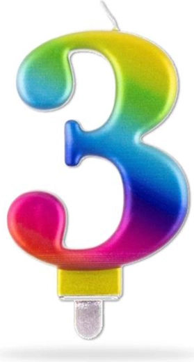 Sünnipäevaküünal number 3, vikerkaar, 7,5 cm