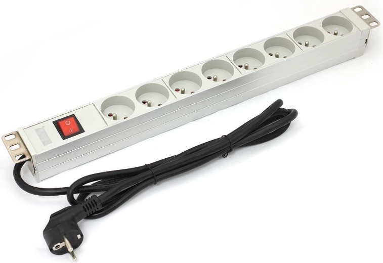 PDU pikendusliist 19" racki, 8× tüüp E, 1,8 m, Schuko, lüliti, alumiinium