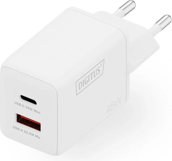 GaN II võrgulaadija 45 W, 1× USB‑C ja 1× USB‑A, PD 3.0 ja QC 3.0, valge