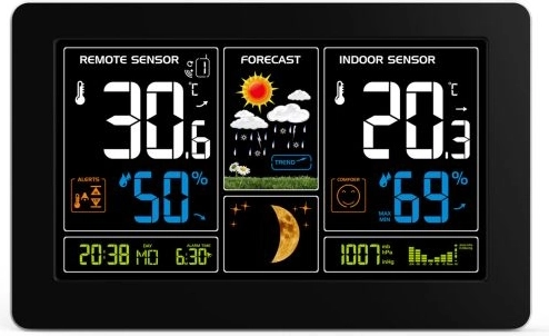 Solight ilmajaam eriti suure värvilise LCD-ekraaniga, temperatuur, niiskus ja rõhk, must