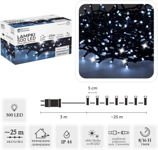 LED-valguskett, 500 dioodi, külm valge valgus koos vilkuva efektiga, 25 m