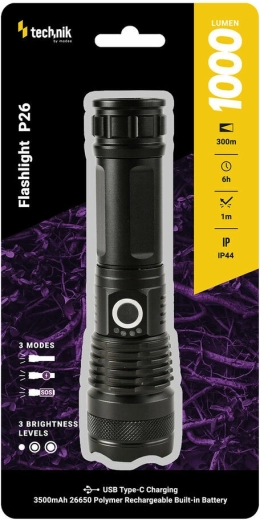 Laetav taskulamp Technik MT-P26 USB‑C, zoomi ja SOS/stroboskoobi funktsioonidega