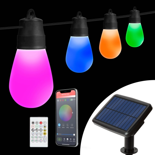 Päikeseenergial töötav valguskett 15 RGBIC LED-pirniga, 6,5 m, Bluetooth