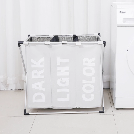 Laundry sorting hamper with 3 compartments – white