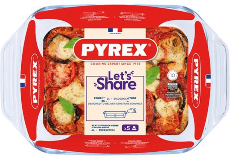 Klaasist ahjuvorm käepidemetega Pyrex 39 × 25 cm, 4 l, borosilikaat
