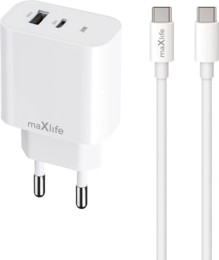 Maxlife MXTC-06-20AC kiirlaadija USB-C + USB-A 20 W koos USB-C/USB-C kaabliga