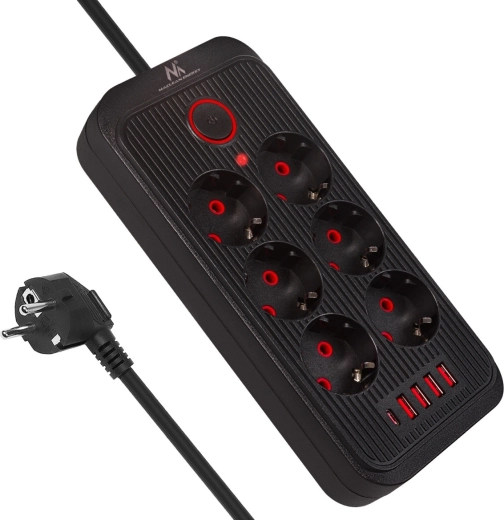 6 pistikupesaga liigpingekaitsega pikendusjuhe USB-A ja USB-C-ga, 2500 W, must