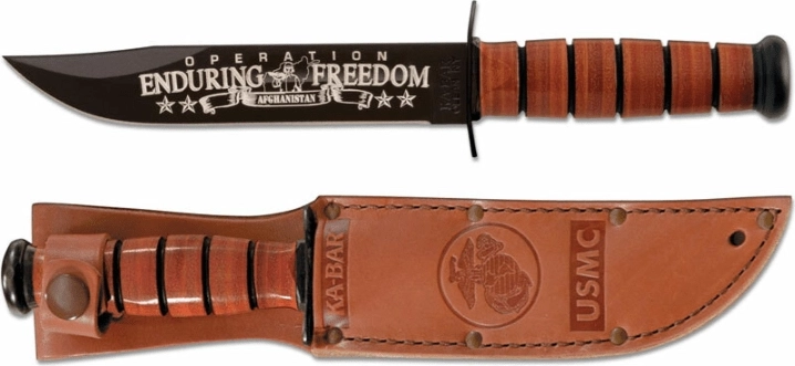 Ka-Bar mälestuslik sõjanuga U.S.M.C. OEF Afghanistan 17,8 cm, must, nahast käepide, nahast vutlar