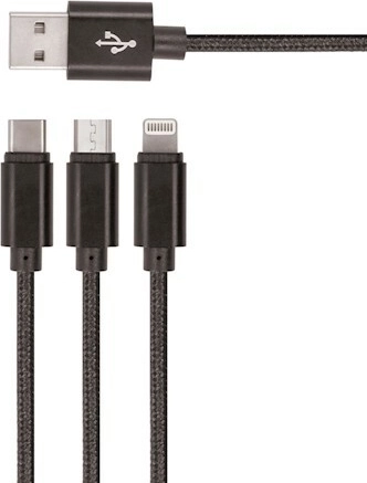 Setty nailonist USB-kaabel 3in1 microUSB, Lightning, USB‑C 1 m – must