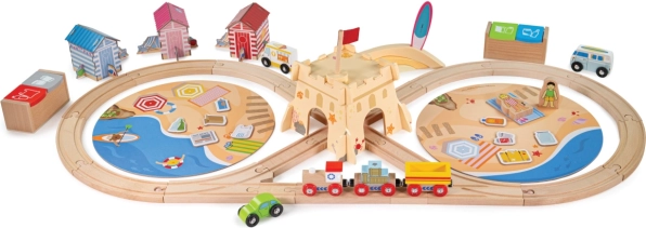 Puidust rongirada BIGJIGS RAIL Ranniku koristus, 70 osa