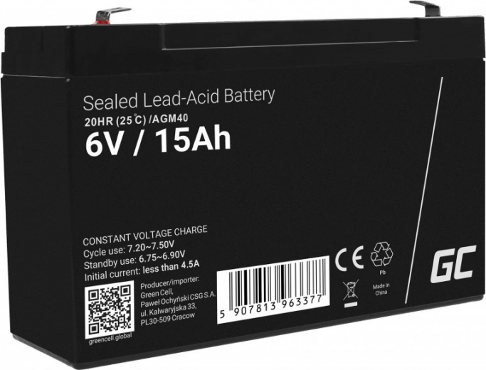 Hooldusvaba AGM aku GREEN CELL 6 V 15 Ah alarmidele, kassaseadmetele ja mänguasjadele
