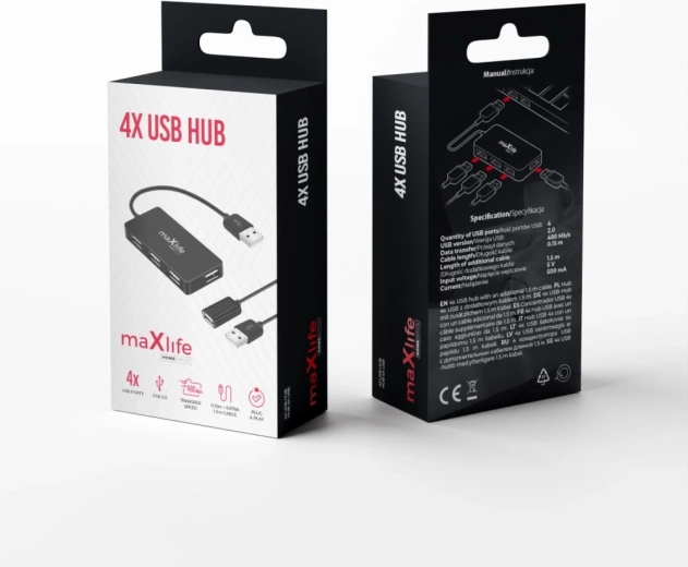 Maxlife kodukontori USB-jaotur 4× USB 2.0 must 1,5 m
