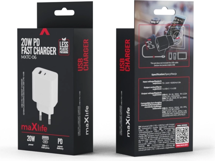 Maxlife PD/QC laadija 20 W, 1× USB‑C + 1× USB, valge