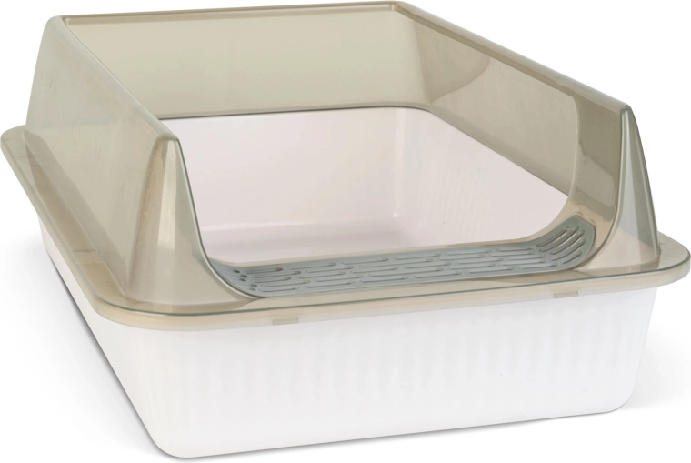 Cat litter box with raised rim, white and gray