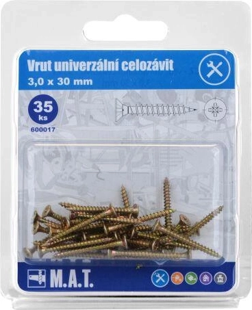 Universaalne täiskeermega kruvi 3,0 × 30 mm, tsingitud, 35 tk
