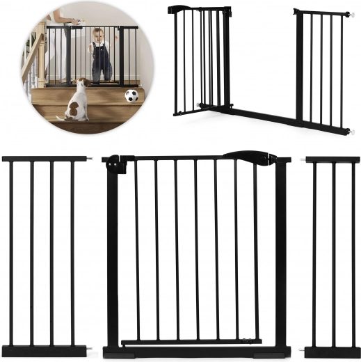 Turvavärav 74–132 cm treppidele ja ustesse, teras lisapaneelidega must ECOTOYS