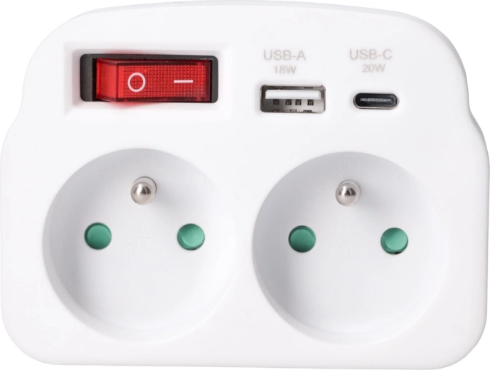 Solight pistikupesade jagaja 2 pistikupesa, USB-A ja USB-C kiirlaadimine 20 W PD, valge