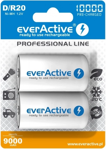 everActive R20/D Ni-MH 10000 mAh akud (2 tk) kasutusvalmis