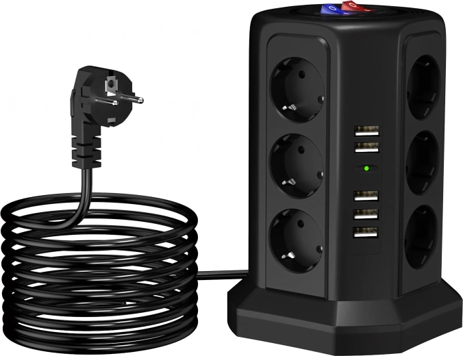 Püstine ülepingekaitsega pikendusjuhe 12 pistikupesa + 5 USB-porti reset-nupuga