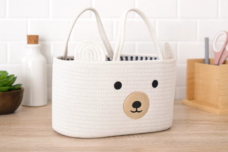 Valge tekstiilist mänguasjakorv karukese kujuga, sangadega 35 × 25 × 21 cm