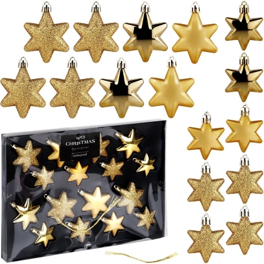 Set of Gold Shatterproof Star Christmas Ornaments, 16 pcs (5–6 cm)