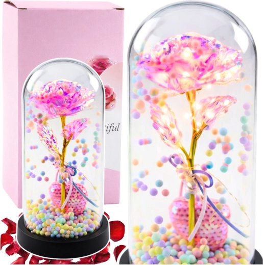 Eternal Rose in a Glass Dome with Pink LED Lighting, a Heart and Colorful Balls