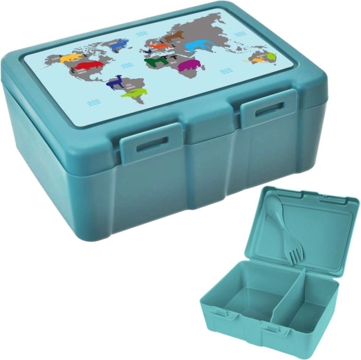 Lunch box with world map 1 l, 2 compartments and 2-in-1 cutlery