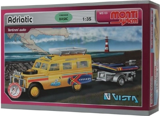 Ehituskomplekt Monti System MS 63 Adriatic Land Rover haagisega ja paadi/kummipaadiga 1:35 karbis 22x15x6 cm