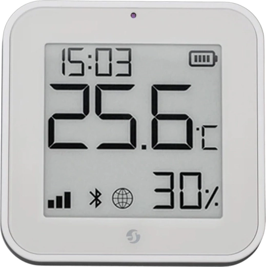 Shelly BLU H&T ZB Zigbee temperatuuri- ja niiskusandur e‑paper ekraaniga, valge