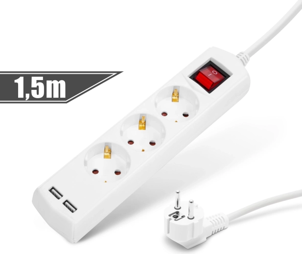 Pikendusjuhe 3 pistikupesa, 2 USB-porti ja lülitiga, 1,5 m