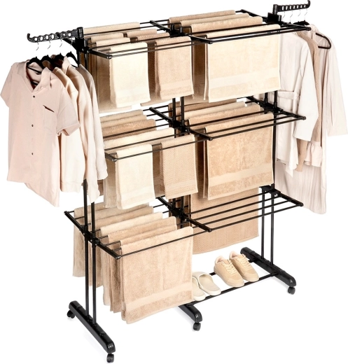 Metallist lahtivolditav XXL pesukuivatusrest, must, 3 taset, teleskoop 75–135 × 66 × 180 cm