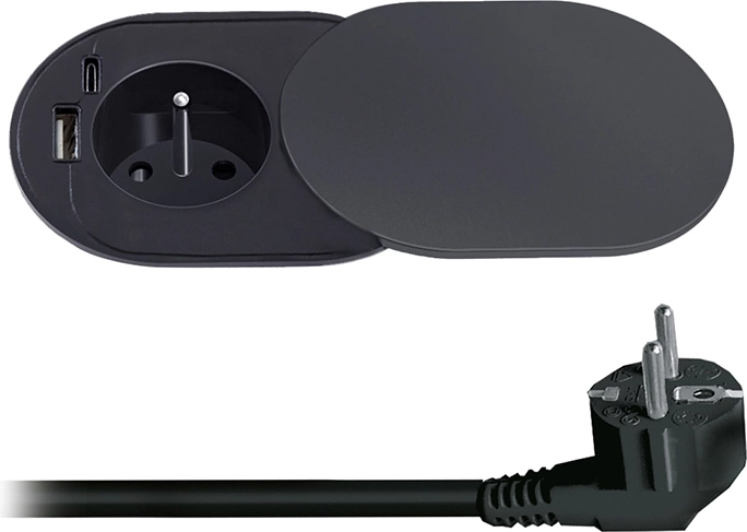 Solight built-in socket 230 V with USB-A and USB-C 20 W PD with sliding cover, 2 m, matte black