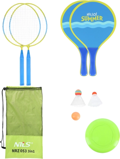 NILS 3-in-1 rannakomplekt – sulgpall, rannareketid ja frisbee