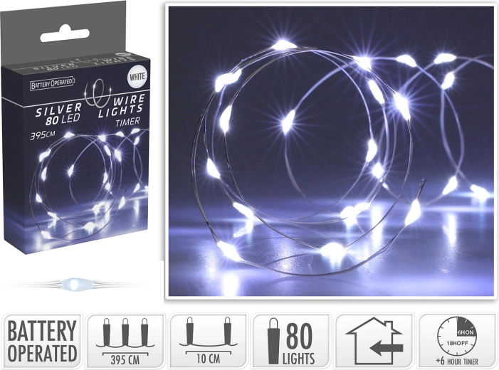 Christmas LED light string 3.95 m, 80 LEDs, cool white, battery-operated with timer - 1 piece