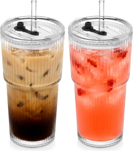 Klaasist tumbler-topsid kaane ja kõrrega 500 ml, komplekt 2 tk