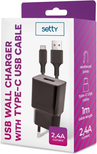Setty võrgulaadija 1× USB 2,4 A must + USB‑C kaabel 1 m