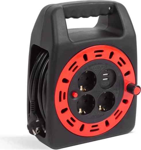 Cable reel with plastic holder, 3 sockets and 2 USB ports, 15 m