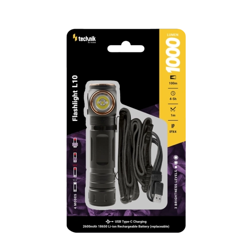 Technik taskulamp L10 USB‑C-ga, 1000 lm, magnetiline, pealampade rihmaga