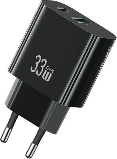 USAMS T65 33W GaN kiirlaadija vooluvõrku USB-C ja USB-A-ga (must)
