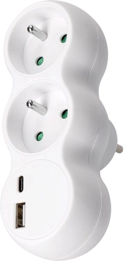 Solight pistikupesasse käiv haruadapter USB-A ja USB-C kiirlaadijaga 20 W PD, valge