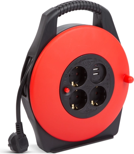 Cable reel with plastic handle, 3 sockets and 2 USB ports, 10 m