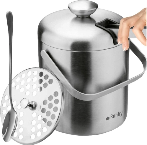 Stainless steel Ruhhy ice bucket with lid, strainer, tongs and bar spoon