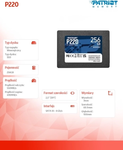 Patriot P220 256 GB SSD 2,5" SATA III