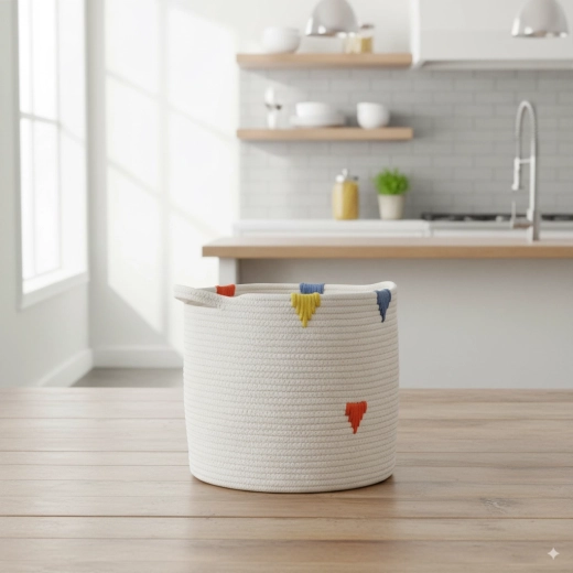 Tekstiilist korv pesu ja mänguasjade jaoks 32 × 29 cm, valge värvilise mustriga