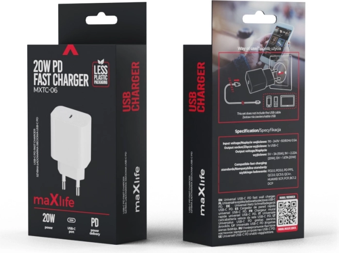 Maxlife 20 W USB-C võrgulaadija PD ja QC toega, valge