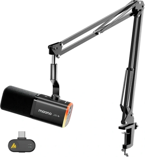 Maono PD100WS juhtmevaba ja USB dünaamiline mikrofon AI-müravähendusega ja RGB-valgustusega (must)