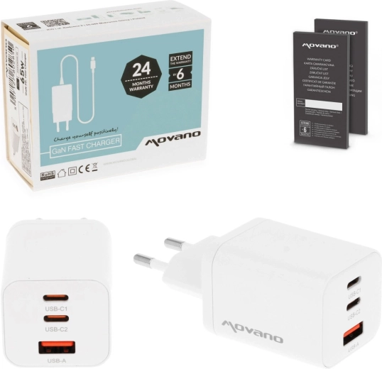 Movano GaN charger 65 W, 2× USB-C PD + USB-A white