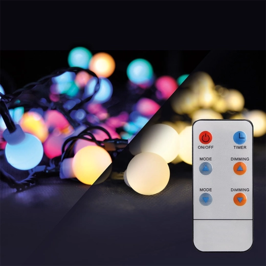 Solight outdoor LED Christmas string lights 2-in-1 with balls and remote control, 100 LEDs, RGB + neutral white, 10 m + 5 m, IP44